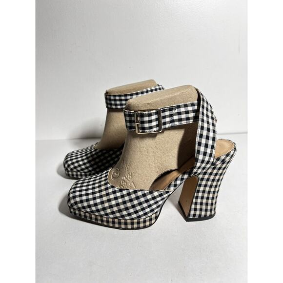 Zara EUC Black Gingham Ankle Wrap Strap 4" Heel Square Toe Shoe Size 38 7.5 US - Picture 1 of 5